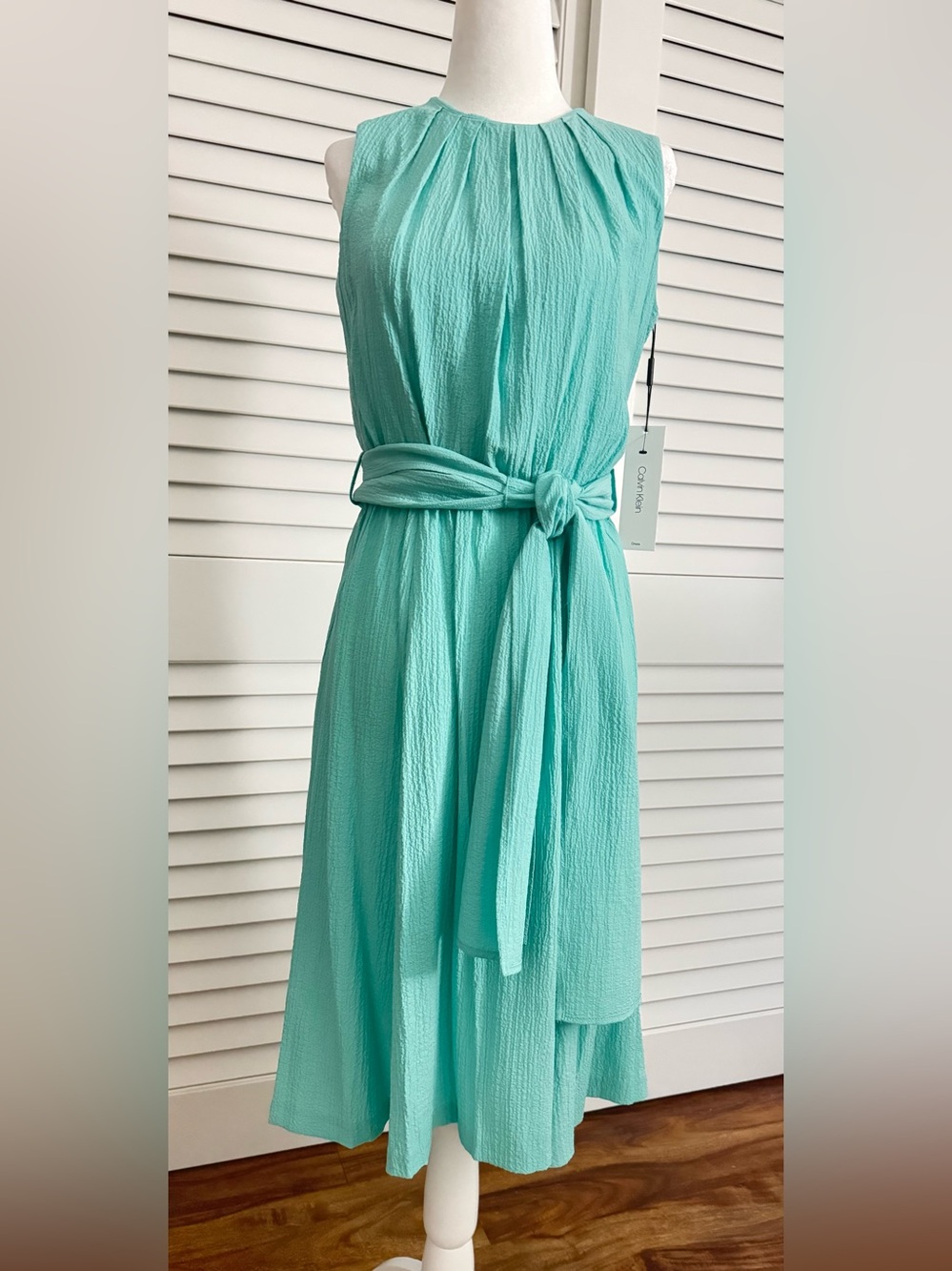 Calvin Klein Sleeveless Tie-Waist Midi Dress in Aqua- size 2 /NWT